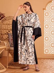 Al Najma Full Print Batwing Sleeve Belted Dress With Plant Pattern Kaftan Jalabiya Dress - Black and White - View 1