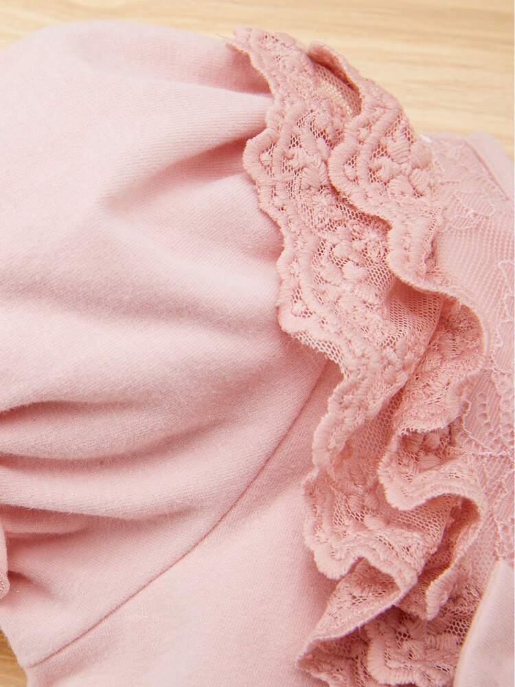 Baby Girls' Casual Knitted Patchwork Lace Trim Short Sleeve Bodysuit With Hat, Summer