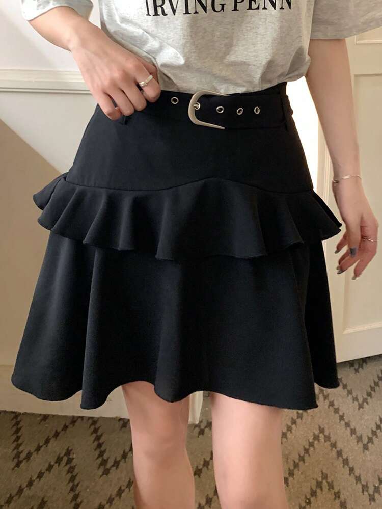 Solid Color Double-Layered Ruffle Hem Skirt With Belt