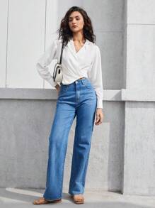 BizChic Women's Solid Color Asymmetrical Hem Shirt - White - View 1