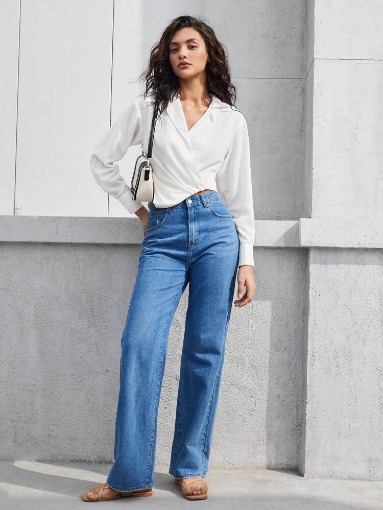 Women's Solid Color Asymmetrical Hem Shirt
