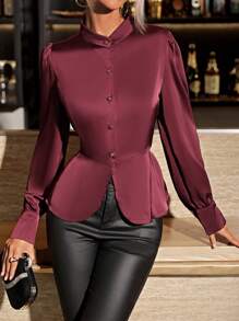 SHEIN Clasi 女士純色提花氣球袖鈕扣襯衫 - 酒紅色 - 查看 6