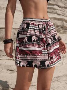 Bohemela Kỳ nghỉ Phong cách In toàn bộ Quần short Với Đường chéo Túi - Màu Đỏ Sâu - Xem 8