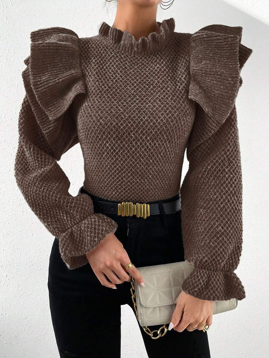 SHEIN Essnce 荷葉邊裝飾長袖毛衣 - 棕色 - 查看 1