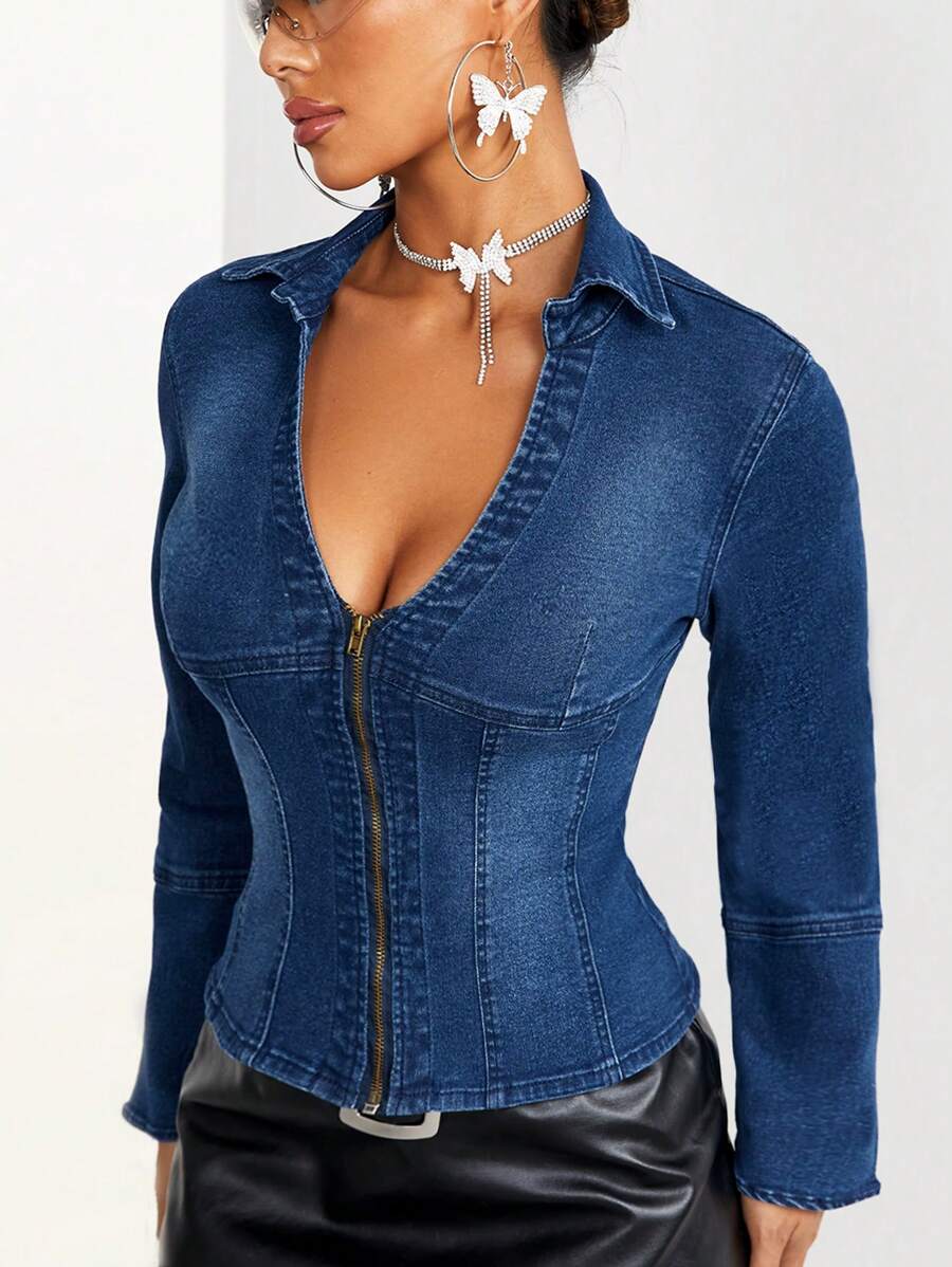 SHEIN ICON Women's Zipper Denim Top - Blue - View 1