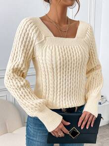 SHEIN Essnce 女款毛線針織無領毛衣 - 杏色 - 查看 5