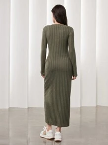 Mulvari 女款 V 領純色羅紋修身連身裙 - 綠色 - 查看 7