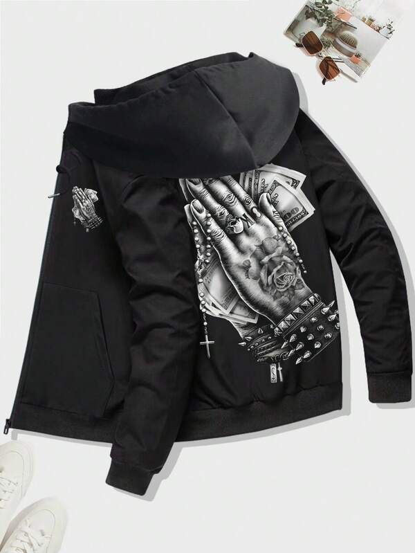 Fashionable Men's Hooded Zipper Jacket With Finger Print Design, Vintage & Casual Style, Pocket, For Outdoor Activities