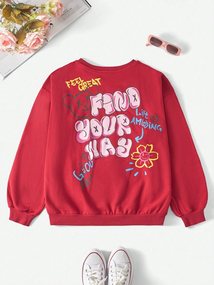 RueChic Girls' Letter Printed Sweatshirt For Tween Girls - Burgundy - View 1