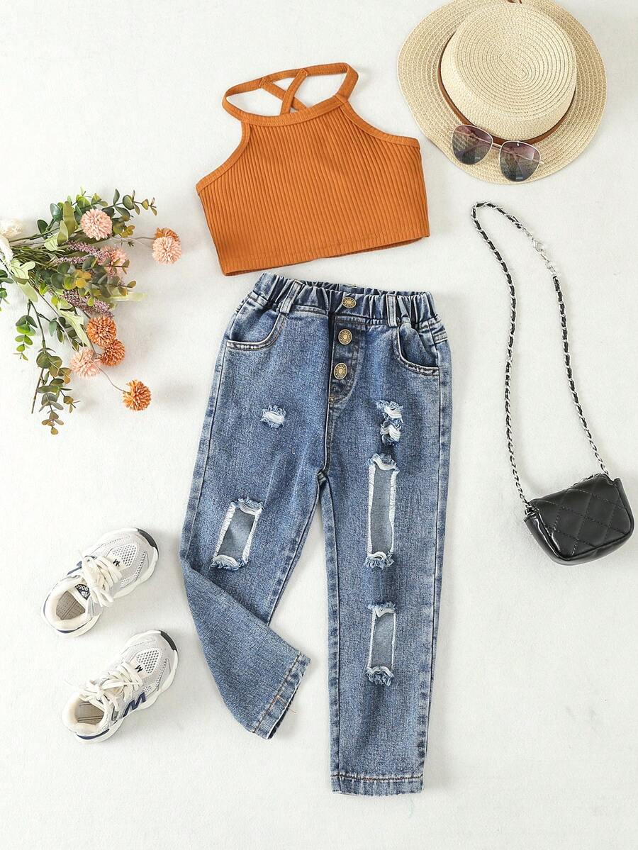 SHEIN 女童休閒羅紋掛脖上衣破洞牛仔長褲兩件套 - 彩色 - 查看 1