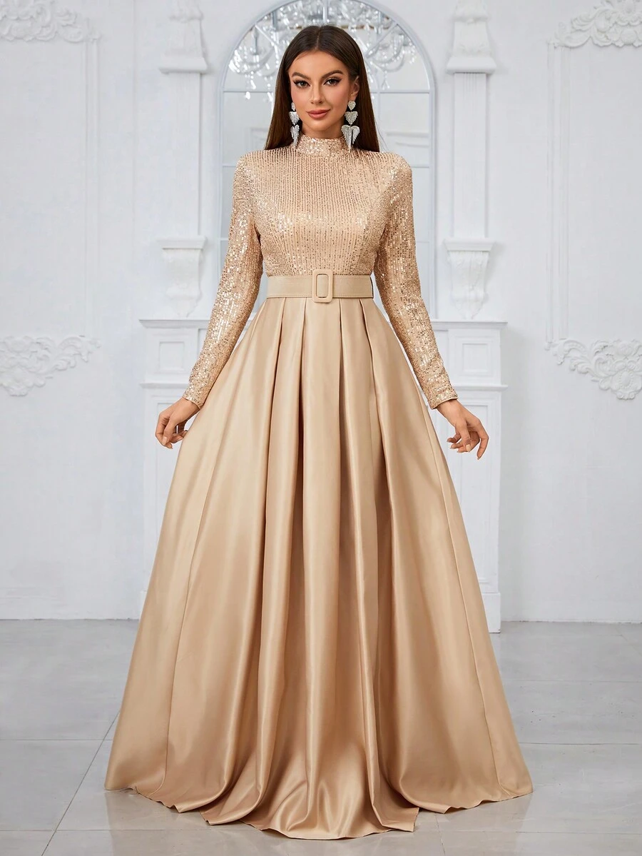 YISIKADO Long Sleeve Stand Collar Sequin Panel Pleated Evening Dress (With Belt) Elegant Formal Prom Wedding Guest Gown, For Graduation, Dinner Party Dress