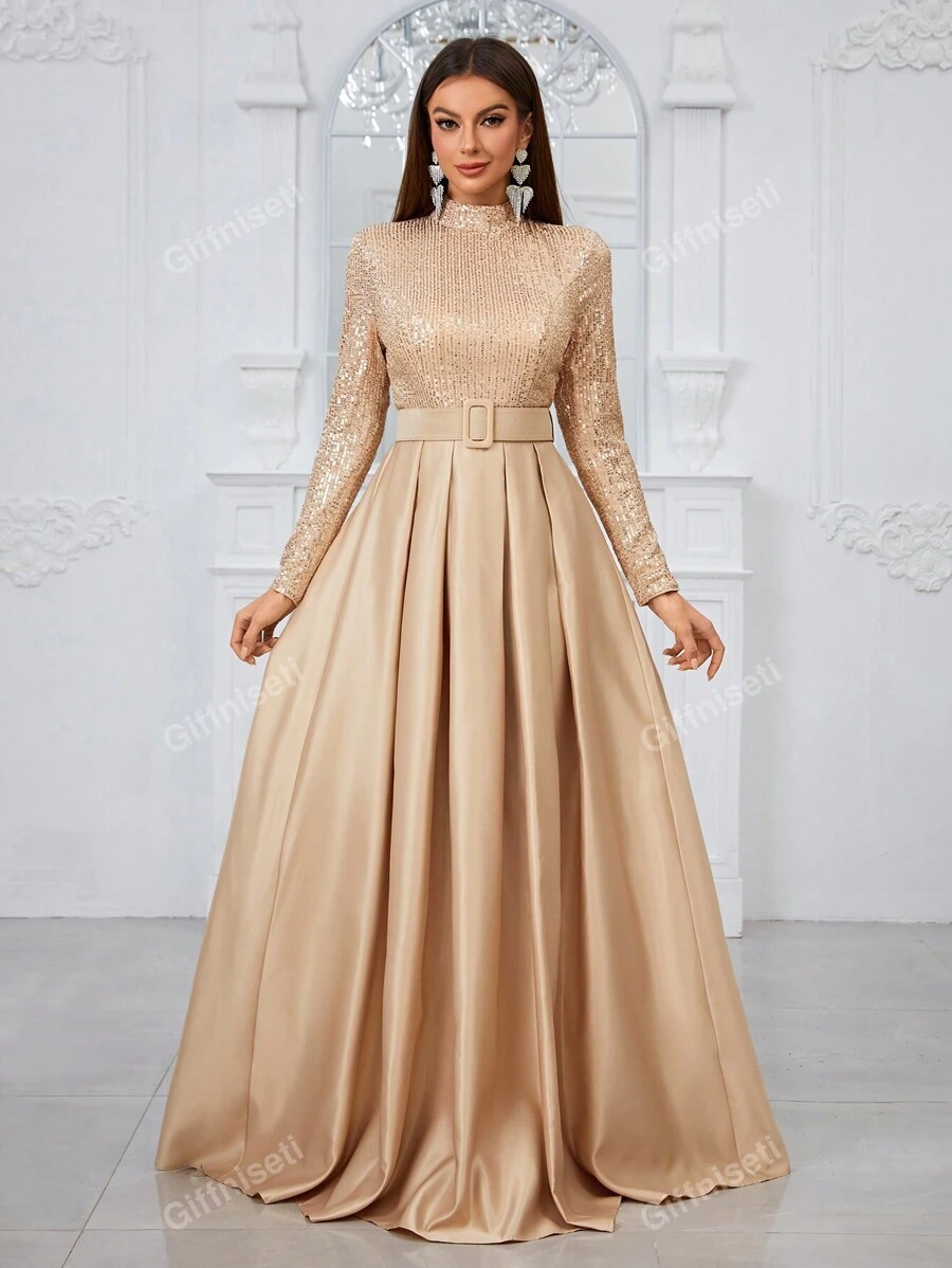 Giffniseti Robe de soir?�e pliss?�e ?� manches longues et col montant avec panneaux paillet?�s (avec 