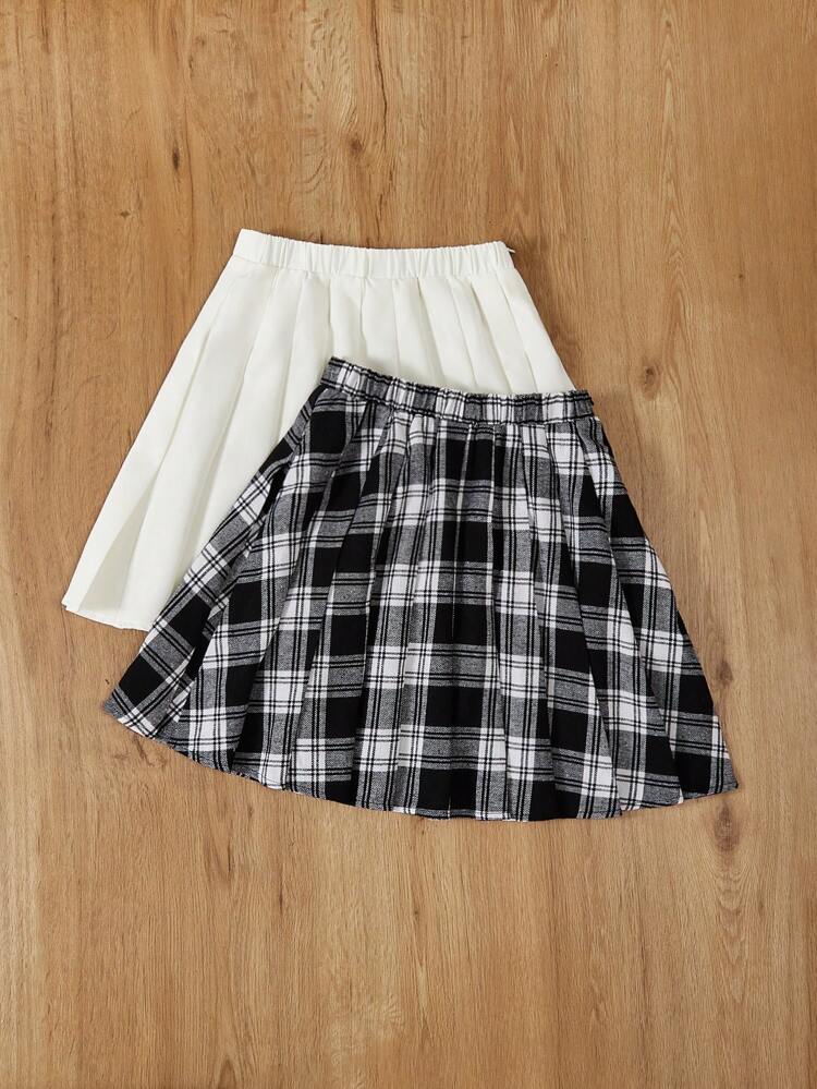 Teen Girls' Woven Loose Casual Plaid Skirt + Woven Solid Color Skirt Two Piece Set