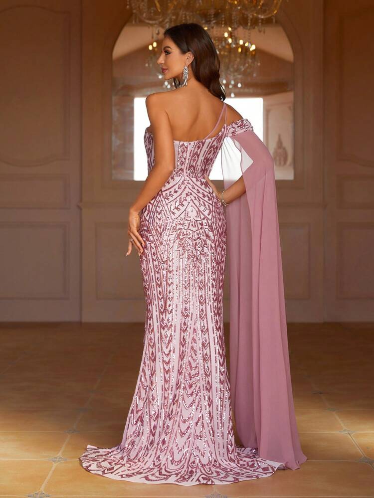 Women's Evening Dress With Asymmetric Neckline, Draping Design And Fish Tail HemSequined Strapless Tuxedo