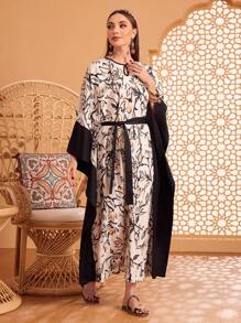 Al Najma Full Print Batwing Sleeve Belted Dress With Plant Pattern Kaftan Jalabiya Dress - Black and White - View 5