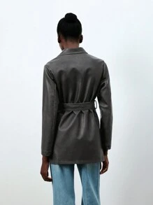 SHEIN BIZwear Da giả Denim mùa giặt Và Đau khổ Tay áo dài Áo vest - Xám - Xem 2