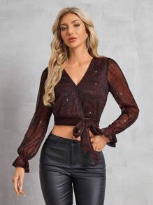 SHEIN Frenchy Women'S Tie-Front Cropped Blouse With Flounce Sleeves Christmas Winter New Year Elegant Red - Red - View 4