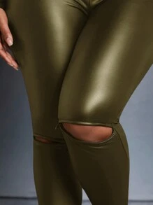 Slaydiva 女士镂空仿皮裤 - 軍綠色 - 查看 3