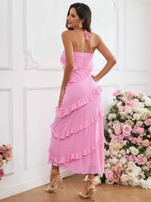 SHEIN Privé Women Valentine's Day Multilayered Ruffle Trim Halter Neck Belted Dress - Pink - View 3