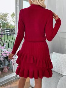 Chiquease Vestido Suéter Com Babados Em Várias Camadas Com Gola Alta E Cor Sólida - Vermelho - Ver 2