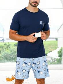 Men Cartoon Graphic PJ Set / Pajama Set - Blue - View 7