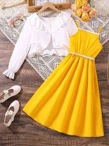 SHEIN Conjunto De Vestido Camisero Y Abrigo Con Dobladillo Con Volantes Para Niña Tween - Multicolor - Ver 1