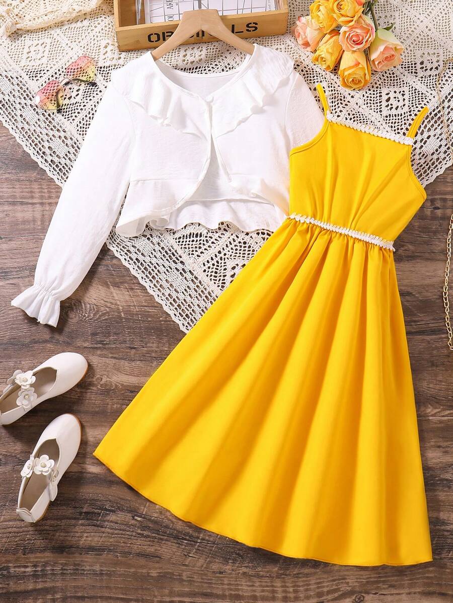 SHEIN Conjunto De Vestido Camisero Y Abrigo Con Dobladillo Con Volantes Para Niña Tween - Multicolor - Ver 1