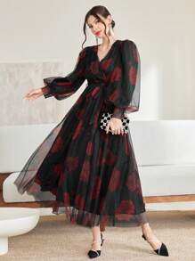 Modelyn Women's Rose Printed Mesh Modest Long Lantern Sleeve Dress With Belt Long Evening Dresses - Multicolor - View 5