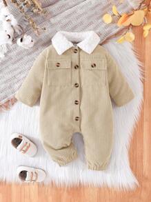 Baby Boys' Simple Warm Fall/Winter New Ribbed Fleece Collar Jumpsuit - Beige - View 1