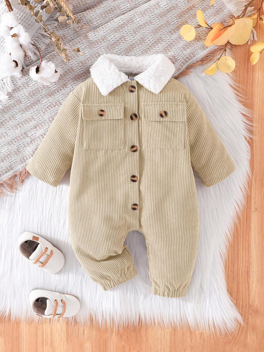 Baby Boys' Simple Warm Fall/Winter New Ribbed Fleece Collar Jumpsuit - Beige - View 1