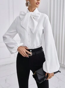 SHEIN Privé Trắng TIE-NECK Tay áo lồng đèn Chic Áo sơ mi - trắng - Xem 4