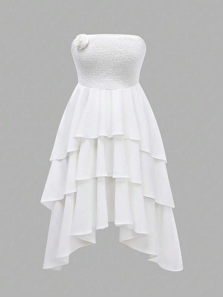 Strapless Multi-Layered Hem Floral 3d Dress