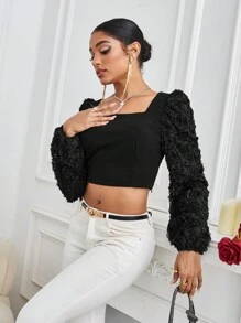 GENKIRA Lantern Sleeve Short Blouse With 3d Flower Decoration Fall Cloth For Women - Black - View 4