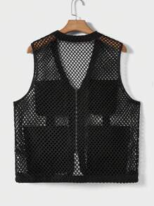 Manfinity BRENVOR Men's Patched Detailed Black Fishnet Vest For Summer, Plain Vintage Urban Cargo Vest - Multicolor - View 2