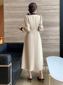 DAZY Vestido de mujer con cuello de contraste, cintura con lazo, manga abullonada, vestido de otoño de manga larga