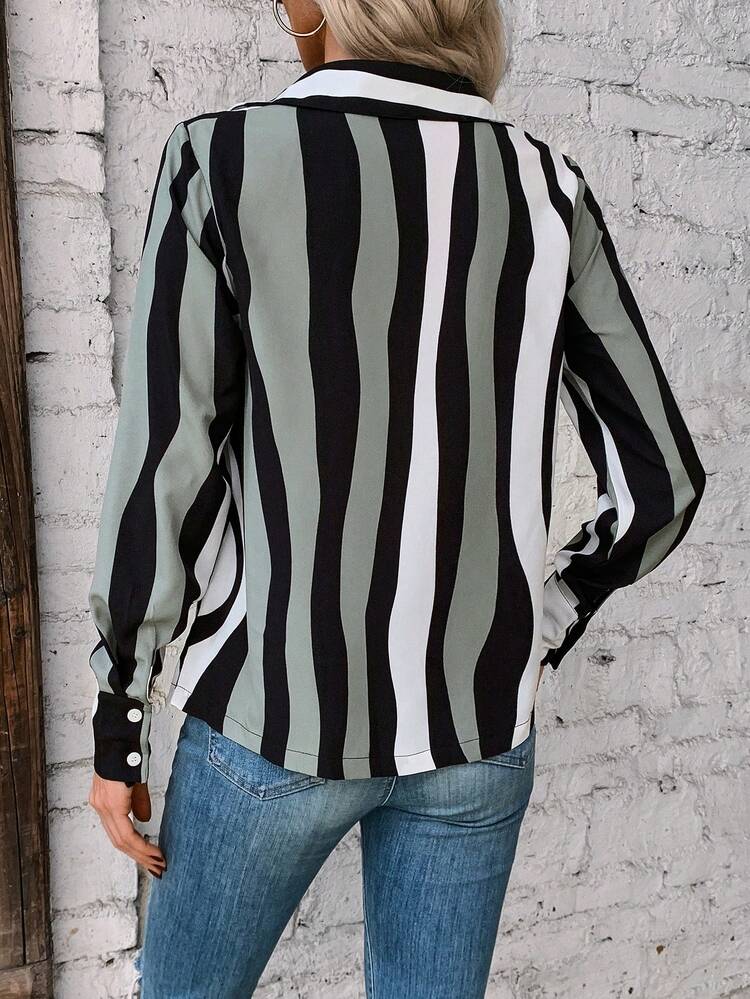 Women'S Striped Color Block Draped Neck Blouse