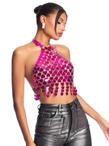 SHEIN BAE Áo tank top nữ màu hồng ánh kim đính sequin hình trái tim, kiểu yếm, lấp lánh, thích hợp cho các bữa tiệc mùa xuân/hè, tiệc độc thân, hộp đêm, lễ hội âm nhạc hoặc ngày Valentine. - Màu Hồng Tươi - Xem 5