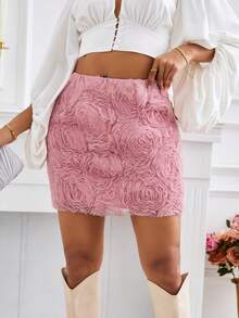 SHEIN Privé 3d Flower Embellished High Waist Straight Skirt - Coral Pink - View 5