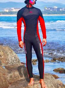 Manfinity Swimmode 男士撞色字母圖案印花連身泳衣 - 黑色 - 查看 1