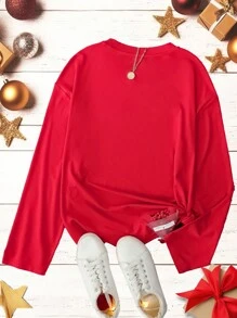 SHEIN LUNE 2024新年春節字母和數字印花圓領長袖女士T恤 - 紅色 - 查看 2