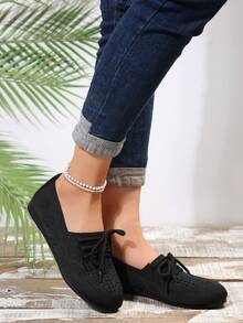 女童圆头低帮平底系带休闲平底鞋 - 黑色 - 查看 7