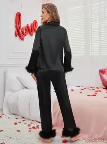 Women's Satin Plush Patchwork Pajama Set, Fall Winter Clothes Cozy And Elegant Details - Black - View 8