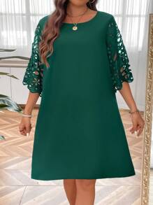 SHEIN LUNE Robe Grande Taille Pour Femme, Coupe Droite Avec Manches 3/4 Et Échancrures - Vert sapin - Voir 4