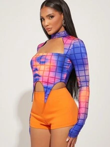 Hauture Karierte Gesichts Grafik Oberteil Mit Ausschnitt - Verschiedenfarbig - Übersicht 5