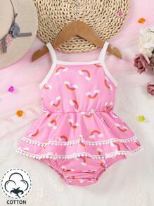 嬰兒女寶寶彩虹印花拼色邊飾肩帶連身衣 - 粉色 - 查看 1