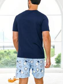 Men Cartoon Graphic PJ Set / Pajama Set - Blue - View 2