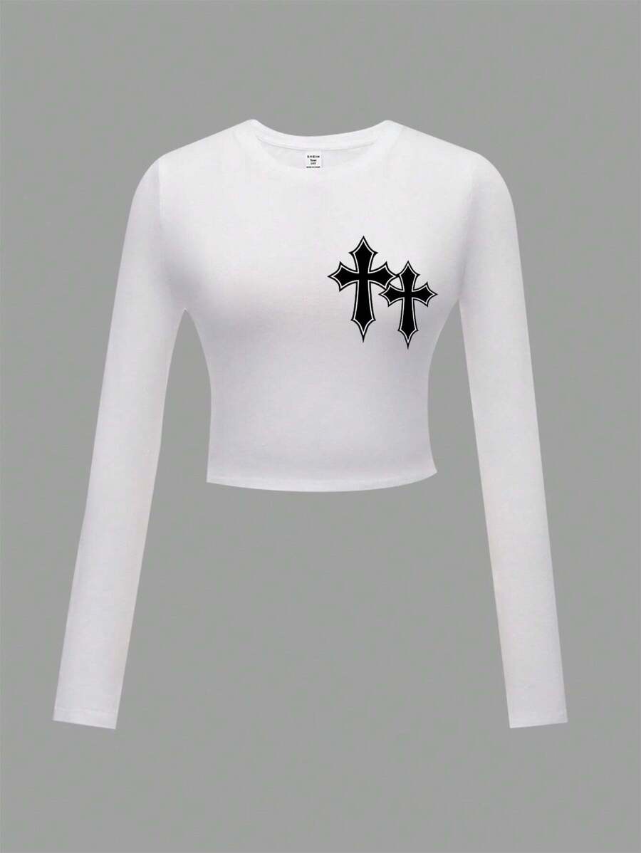 SHEIN Leap Crew Teen Girl Casual Cross Pattern T-Shirt, Suitable For Spring And Autumn - White - View 1