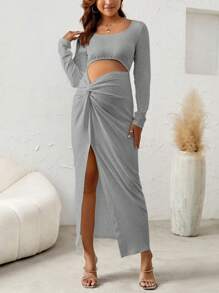 SHEIN Maternity Twist Knot Cut-Out Knit Dress - Light Grey - View 3