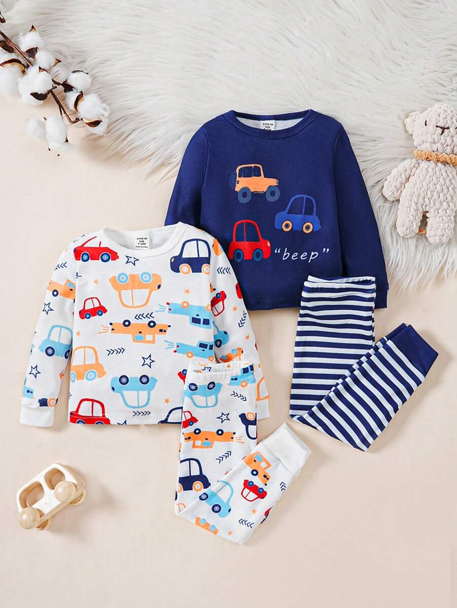 Ensemble De 2 Pièces Pour Bébé Garçon, Ajustement Confortable, Haut À Manches Longues À Imprimé Rayé De Dessin Animé De Voiture Et Pantalon Pour La Maison - Bleu azur - Voir 1