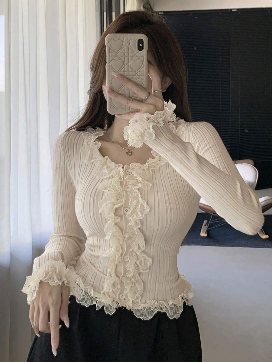 DAZY 女式撞色蕾丝纽扣开衫、长袖上衣、秋季女装 - 米色 - 查看 1